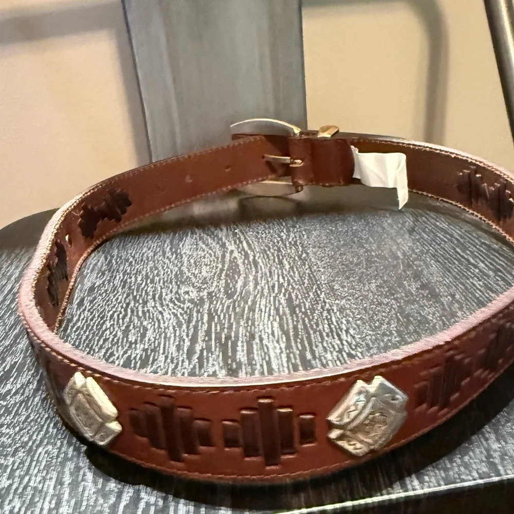 Vintage Fossil Brown Leather Southwest Silver Concho Cowgirl Boho Belt Sz M 33”